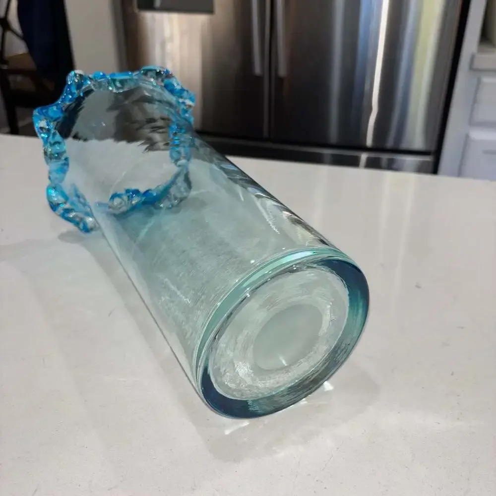 Vintage Hand Blown Ruffled Ocean Blue Crest Vase 12”